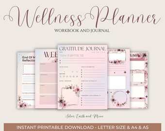 Wellness task management self-care planner, gratitude journal with daily well being gift, undated printable planner, mental health checklist