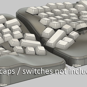 May include: A 3D printed keyboard with a split design. The keyboard is gray and has a curved shape. The keyboard is missing keycaps and switches. The text "keycaps / switches not included" is visible below the keyboard.