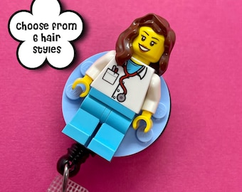 Medium Brown Hair Nurse Doctor Minifigure ID Holder Badge Reel...Handmade using LEGO® parts