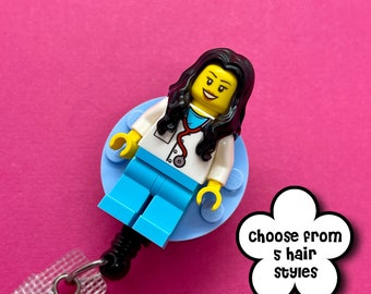 Black Hair Nurse Doctor Minifigure ID Holder Badge Reel...Handmade using LEGO® parts