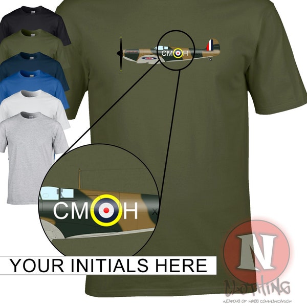 Spitfire personalised t-shirt. Your chosen initials printed on the classic WW2 fighter plane