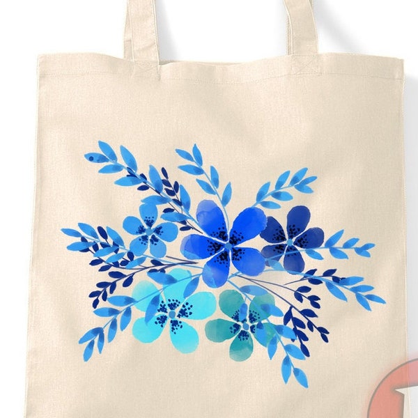 Blauwe bloem aquarel ontwerp natuurlijke tote bag herbruikbare boodschappentas milieuvriendelijke natuur aquarel tuinieren flora