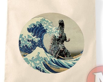 The great wave off Kanagawa Godzilla tote bag reusable shopping bag environmentally friendly