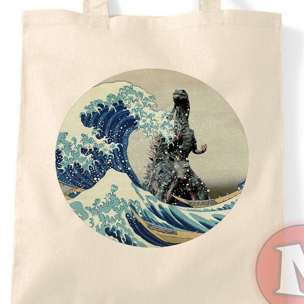The great wave off Kanagawa Godzilla tote bag reusable shopping bag environmentally friendly