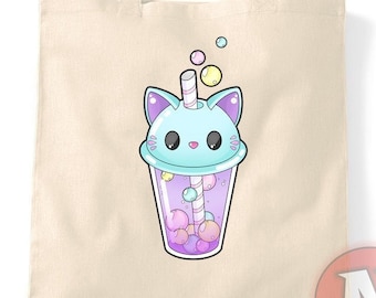 Kawaii kitty bubble tea natural tote bag reusable shopping bag environmentally friendly