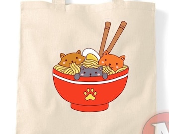 Kawaii cute kitty cat ramen design natural tote bag reusable shopping bag environmentally friendly feline