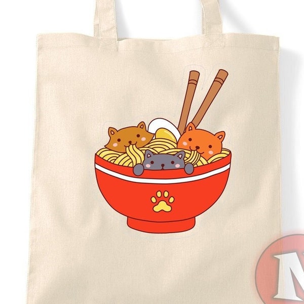 Kawaii lindo gatito gato ramen diseño bolsa de mano natural bolsa de compras reutilizable bolsa de compras ecológica felino