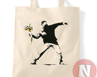 Banksy flower bomber tote bag reusable shopping bag environmentally friendly