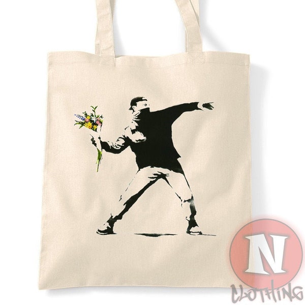 Banksy flower bomber tote bag reusable shopping bag environmentally friendly