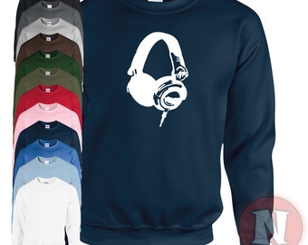 May include: A navy blue sweatshirt with a white silhouette of headphones on the front. The sweatshirt is available in a variety of colors.