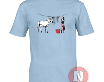 Banksy urban street art Zebra stripes washing line t-shirt - special full colour version only available from Naughtees clothing