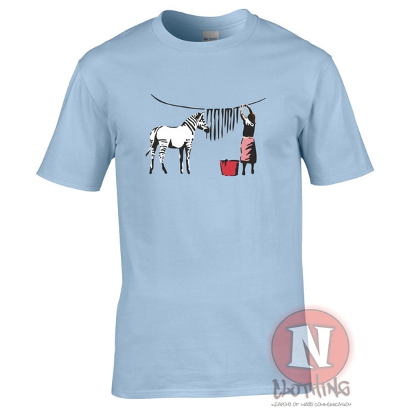 Banksy urban street art Zebra stripes washing line t-shirt - version spéciale couleur uniquement disponible chez Naughtees clothing