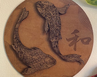 Japanese aesthetic wall plaque Koi carp wooden varnished finish