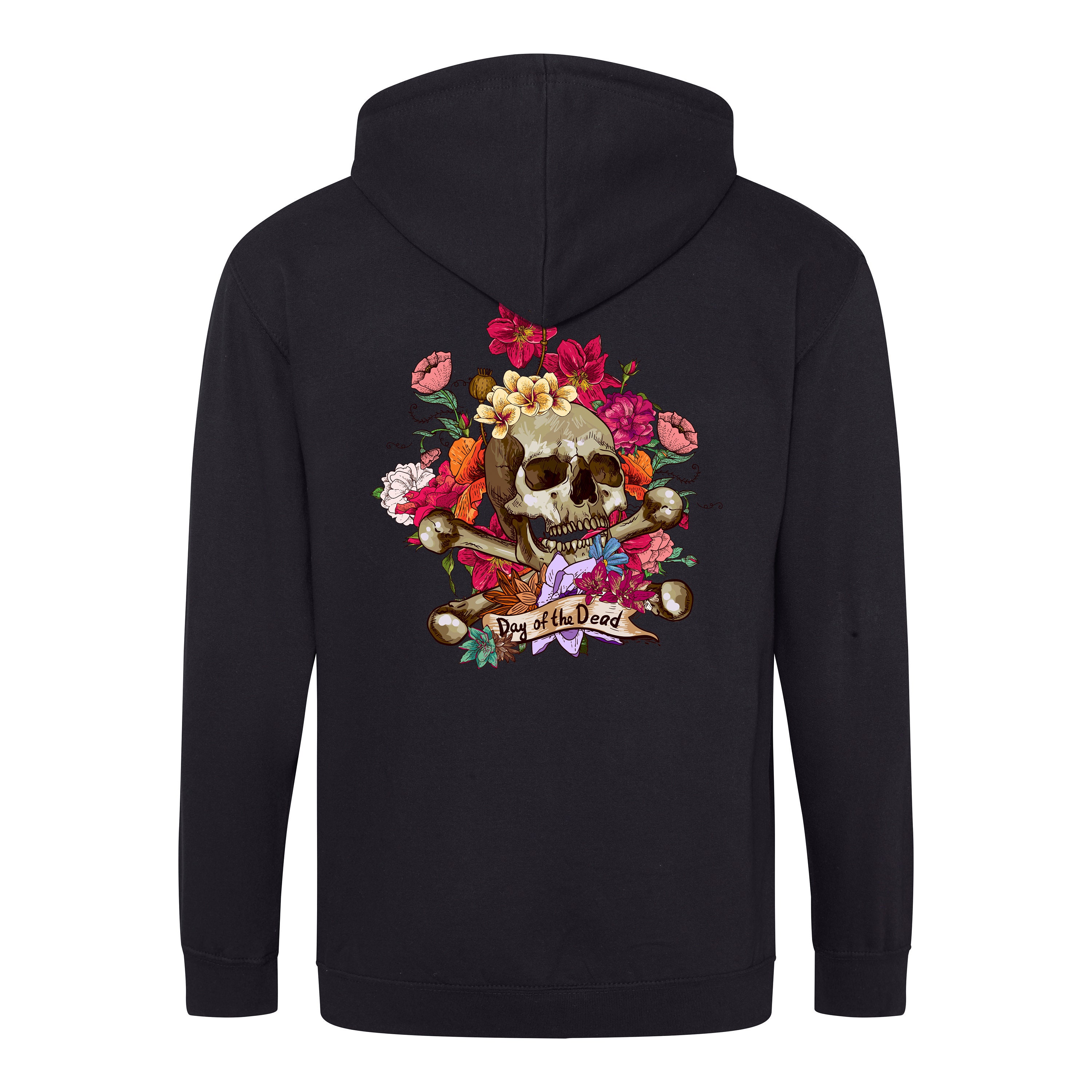 Day of the Dead Zip Hoodie Skull With Flowers Grunge Biker