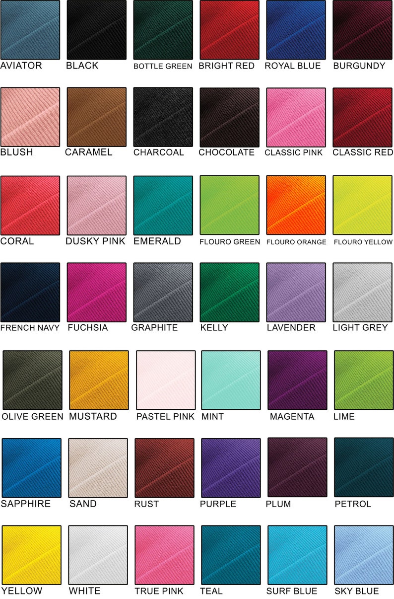 May include: A color chart showing 36 different fabric swatches. The swatches are arranged in a grid of six columns and six rows. Each swatch is labeled with a color name, such as "Aviator", "Black", "Bottle Green", and "Bright Red".
