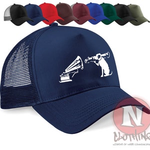 Banksy HMV nipper the dog street art retro style cap Half mesh trucker baseball hat. Various colours. Snapback adjuster. Printed design.