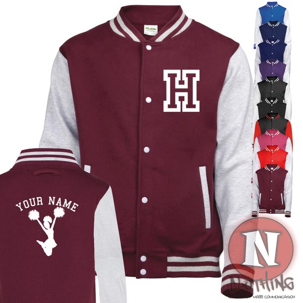 Custom cheerleader Kids Varsity Jacket, for sports teams and after school clubs, Name, Personalised Unisex Baseball Jacket
