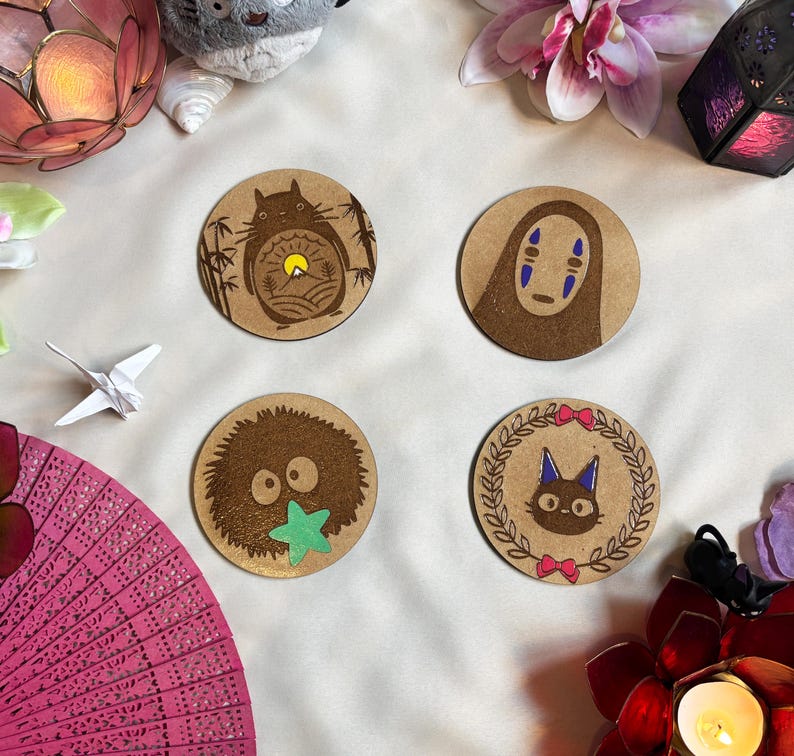 Ghibli Fan Art Coaster Set: Varnished Wooden Anime Coasters image 1