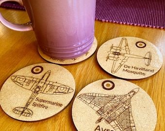 RAF aircraft drinks coaster set of 4 wooden varnished finish Spitfire Mosquito Vulcan Harrier