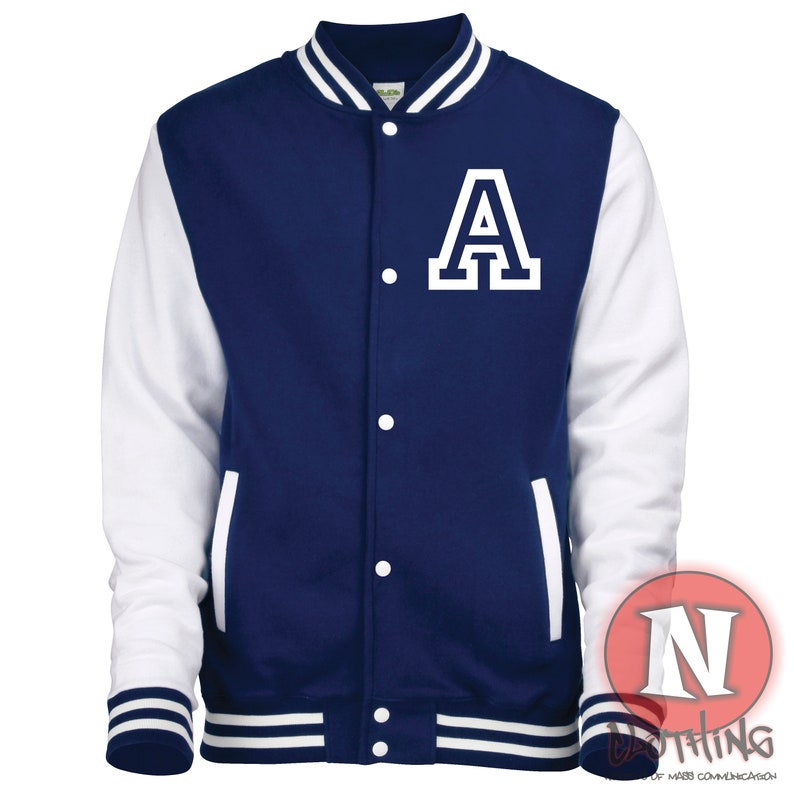 Custom Kids Varsity Jacket, for Sports and after school clubs, Name or Number Varsity, Personalised Unisex Baseball Jacket Navy/white