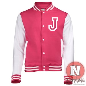 Custom Kids Varsity Jacket, for Sports and after school clubs, Name or Number Varsity, Personalised Unisex Baseball Jacket Hot pink/white