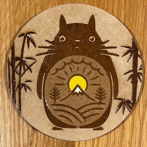 May include: A brown and white ceramic coaster featuring a cartoon character, a stylised mountain scene, and bamboo plants. The character has large, round eyes and a fluffy body.