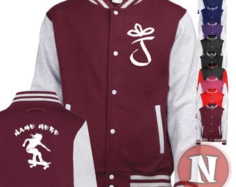 May include: Burgundy and grey varsity jacket with white lettering and a graphic of a girl skateboarding on the back. The jacket has a white 'J' with a crown on the front. The text on the back says 'Name Here'.