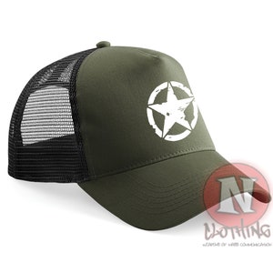 US Army star retro style cap Half mesh retro trucker baseball hat. Camo or olive. Snapback adjuster. Printed design.