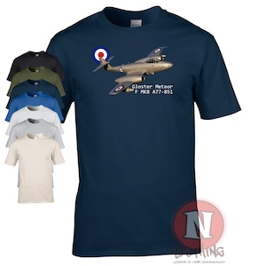 May include: A navy blue t-shirt with a graphic of a Gloster Meteor F MK8 A77-851 jet plane. The plane is silver with red and white markings.