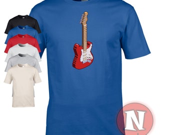 Könnte beinhalten: Ein königsblaues T-Shirt mit einem pixelartigen roten E-Gitarren-Motiv. Die Gitarre hat einen weißen Schlagbrett und goldene Stimmwirbel.
