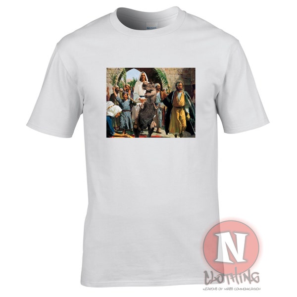 Jesus on a raptor funny religious spoof dinosaur fantasy t-shirt