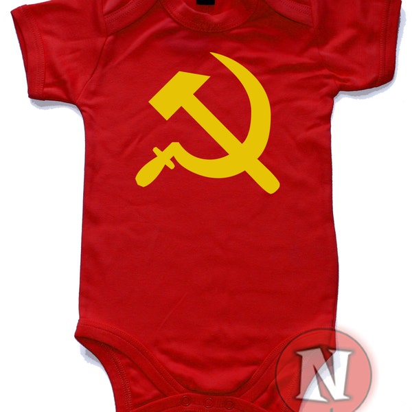 Hammer and sickle babygrow vest. Babygrow baby suit in sizes from 0-3 up to 12-18 months.