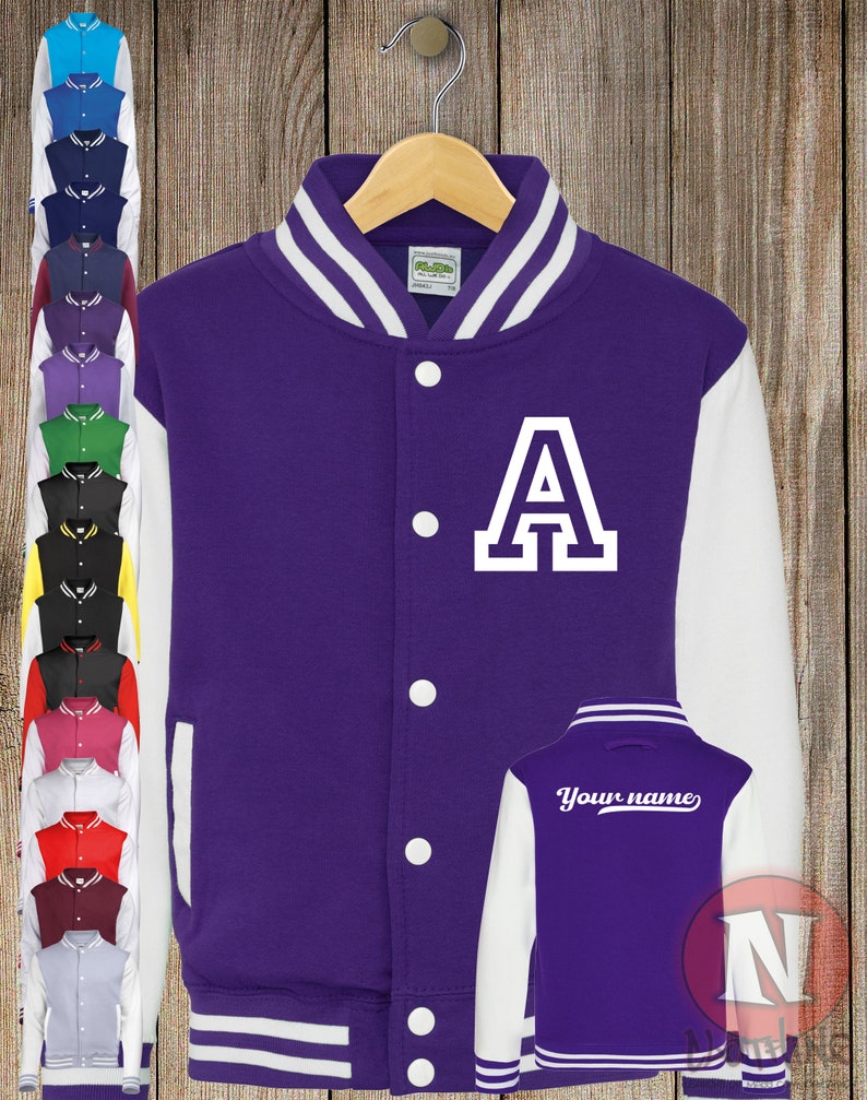 Custom Kids Varsity Jacket, for Sports and after school clubs, Name or Number Varsity, Personalised Unisex Baseball Jacket Purple/white