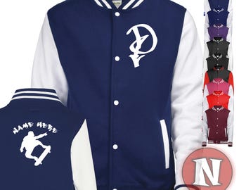 May include: A navy blue and white varsity jacket with a white letter "D" on the front and a white silhouette of a skateboarder on the back. The jacket has a white stripe on the collar and cuffs.