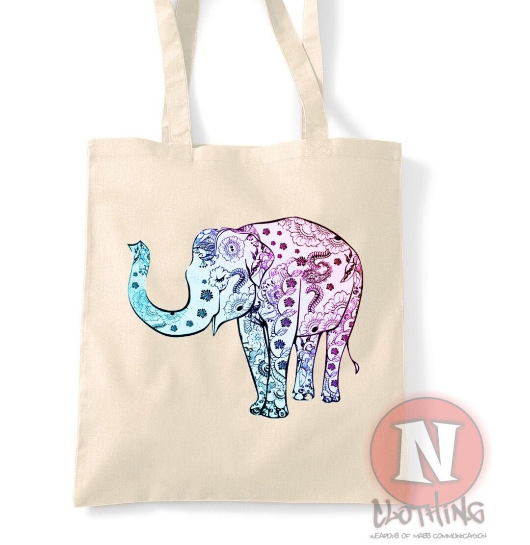 Elephant Natural Tote Bag Pastel Blue and Pink Reusable Shopping