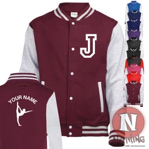 May include: Burgundy and grey varsity jacket with white lettering. The front of the jacket has a large white letter "J" on the left chest. The back of the jacket has the text "YOUR NAME" and a silhouette of a person doing a yoga pose.