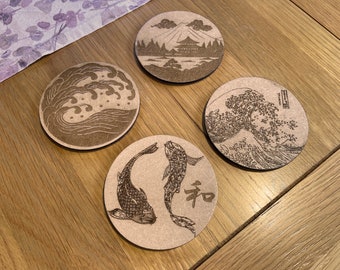 Japanese aesthetic drinks coaster set of 4 wooden varnished finish