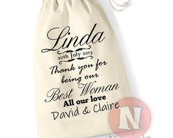 Wedding day gift bag "Best Woman" natural cotton drawstring stuff bag Natural, black or navy blue in 4 sizes