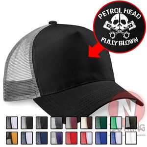 Petrol head retro style cap Half mesh retro trucker baseball hat. Various colours. Snapback adjuster. Printed design.