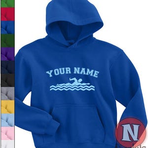 Moletom com capuz infantil personalizado Varsity Swimming, equipe esportiva, atleta, suéter personalizado