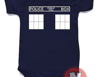 Dr Who Tardis babygrow vest. Babygrow baby suit in sizes from 0-3 up to 12-18 months. For the baby Timelords!