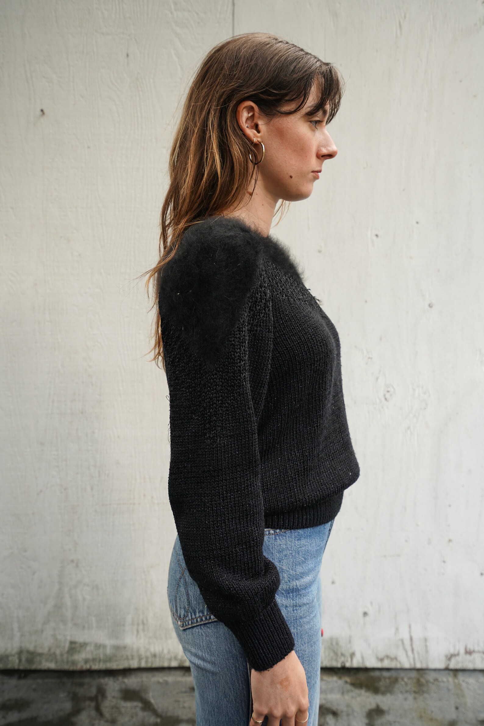 1980's Black Sweater with Shoulder Pads Fuzzy Christine | Etsy
