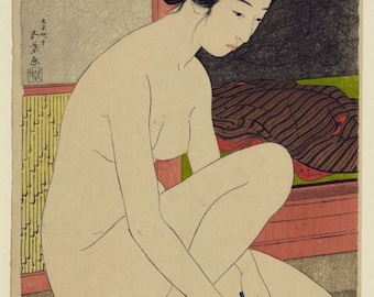 Woman bathing by Goyo Hashiguchi, Japanese woodblock print - reproduction