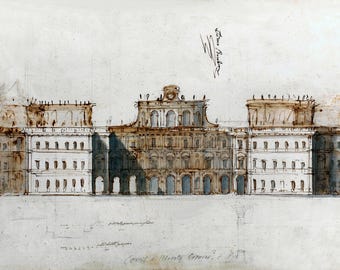 Ink and Wash Architectural Elevation – Palace or Villa Project c1700  - Anonymous Spanish Drawing