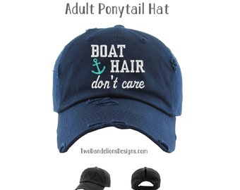 Distressed Boat Hair Ponytail Hat, Embroidered Beach Cap