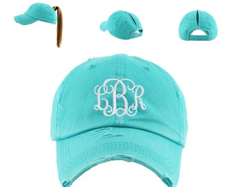 Monogram Distressed Ponytail Hat, monogram ponytail hat, ponytail hat, beach hat, lake hat, gifts for her, monogram accessories