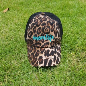 momlife Leopard Ponytail Hat, monogram ponytail hat, ponytail hat, beach hat, lake hat, gifts for her, monogram accessories