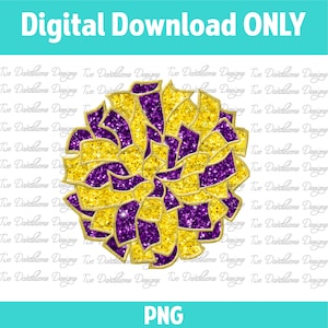 Cheer Pom Pom design de apliques de glitter falso, clipart de pom pom, pom pom png, DOWNLOAD DIGITAL ouro e roxo