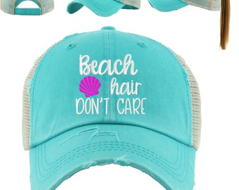 Sombrero de cola de caballo "No me importa" para cabello playero, sombrero de cola de caballo bordado, sombrero de cola de caballo, sombrero de playa, accesorios de playa, moño desordenado, regalos para ella