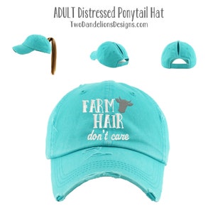 Farm Hair Don&#39;t care ponytail hat, embroidered poyntail hat, ponytail hat, cow, homestead, farm accessories, messy bun, gifts for her